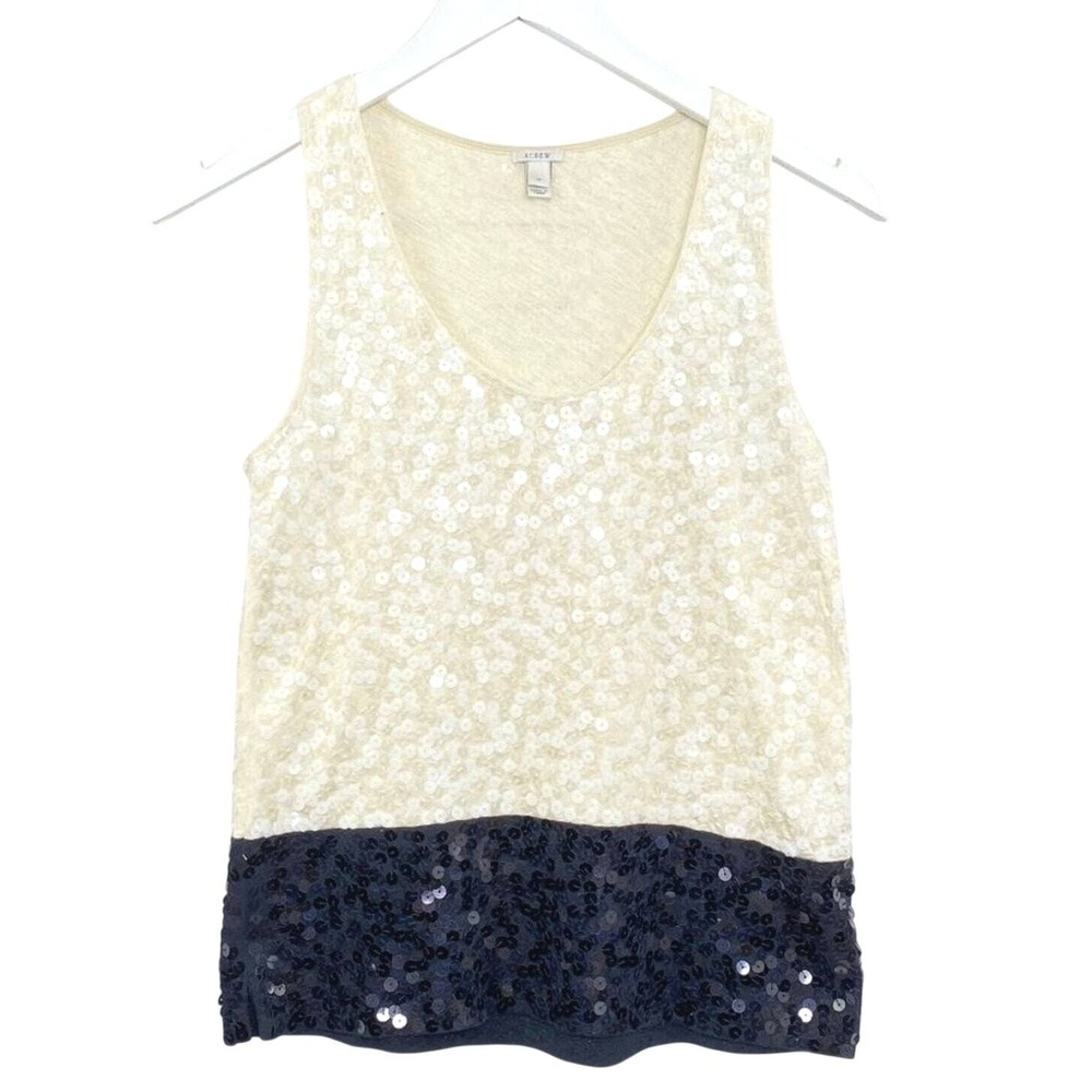 J.Crew Tank Top Sequin Colorblock Silk Trim‎ Cream Navy Black Sleeveless Size XS
